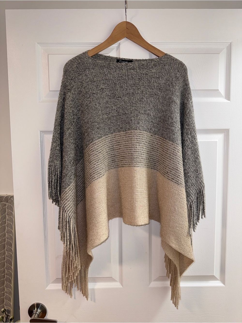 Orange Fashion Village Gray Cream Knit Poncho Fringe One Size Cozy